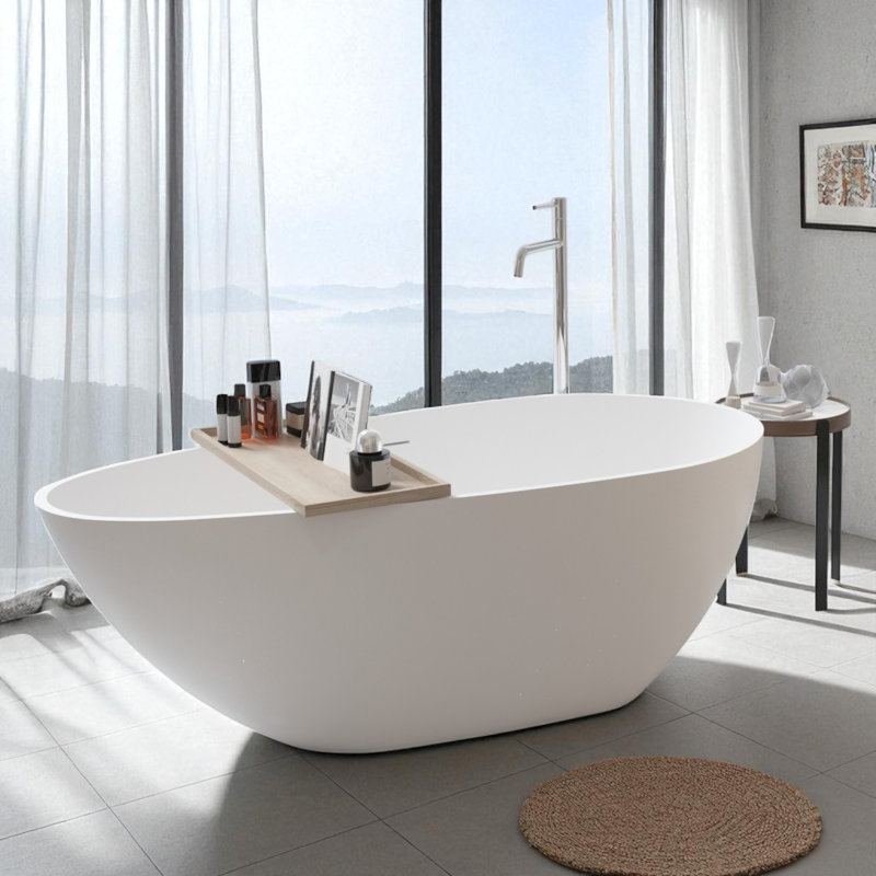 Baignoire de trempage autoportante en résine 67 po x 33,5 po à surface solide matte, Blanc