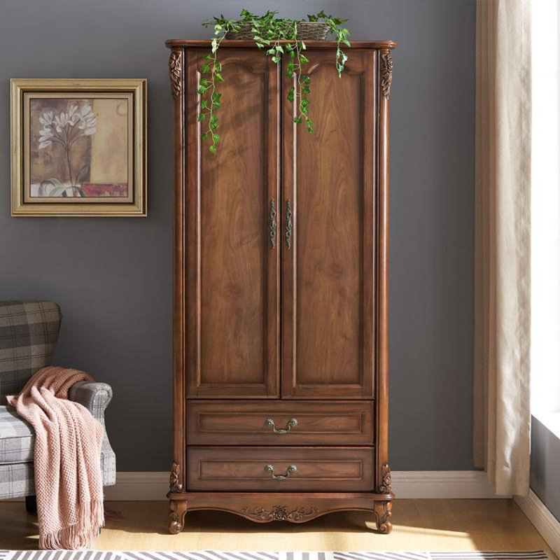 American-style Retro Solid Wood Carved Wardrobe