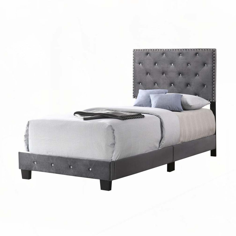 Lit rembourré en velours avec tête de lit capitonnée, Gris, Lit simple