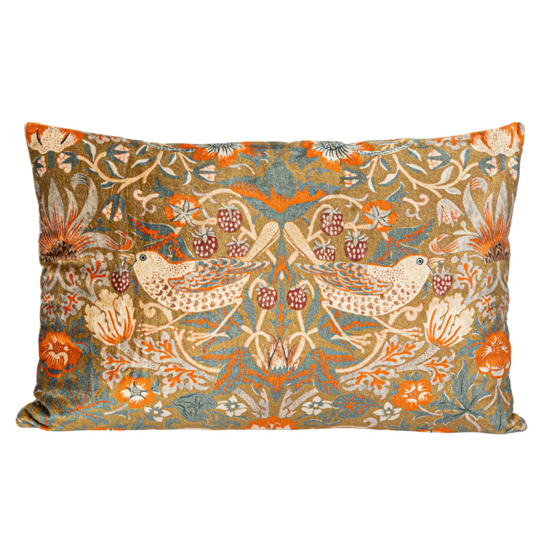 Multicolor Cotton Velvet Birds and Flowers Lumbar Pillow
