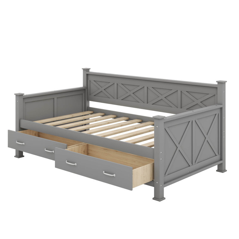 Twin Size Daybed With Storage Drawers, Wooden Daybed With X-Shaped Frame, Modern Rustic Casual Style, Gray