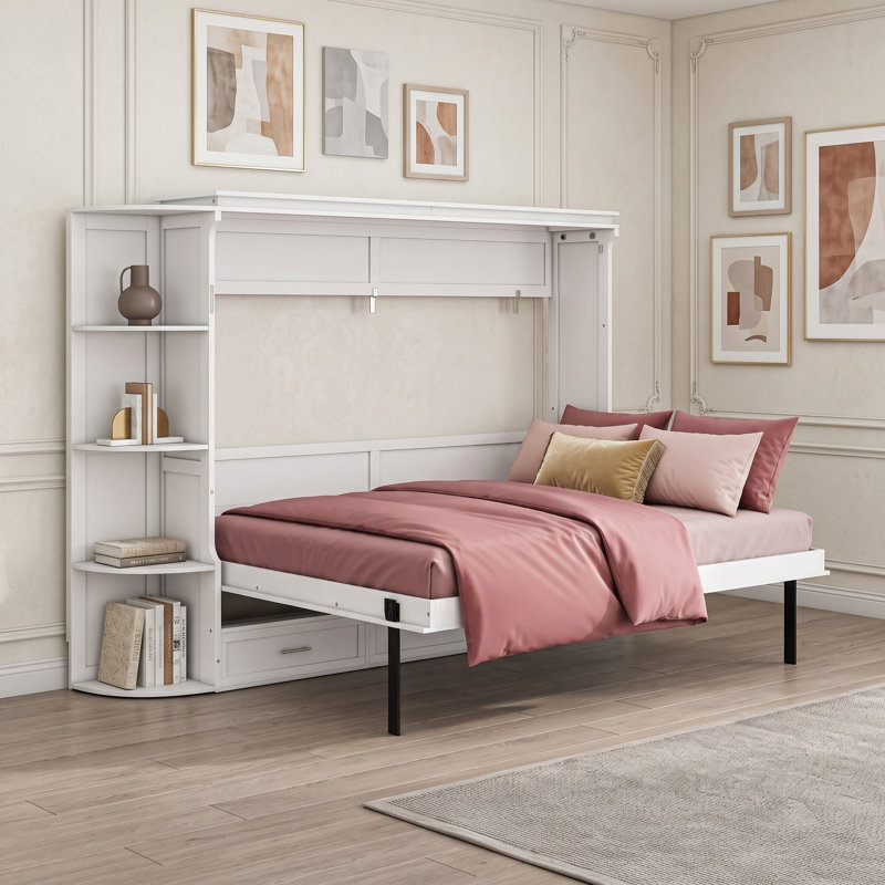 Lit escamotable 3 tiroirs avec tablettes latérales, Blanc, Grand lit