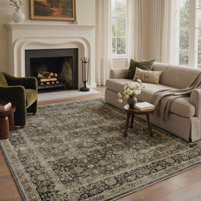 Roehit Mushroom Distressed Medallion Charcoal Vintage-Style Oriental Performance Area Rug, Non-slip & Stain Protection