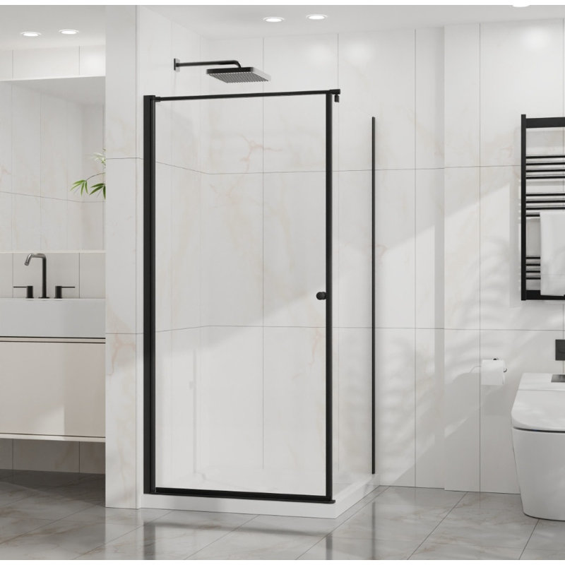 Cabine de douche d'angle sans cadre - 36 x 36 x 72 po, verre trempé transparent de 1/4 po, ouverture pivotante, finition noire