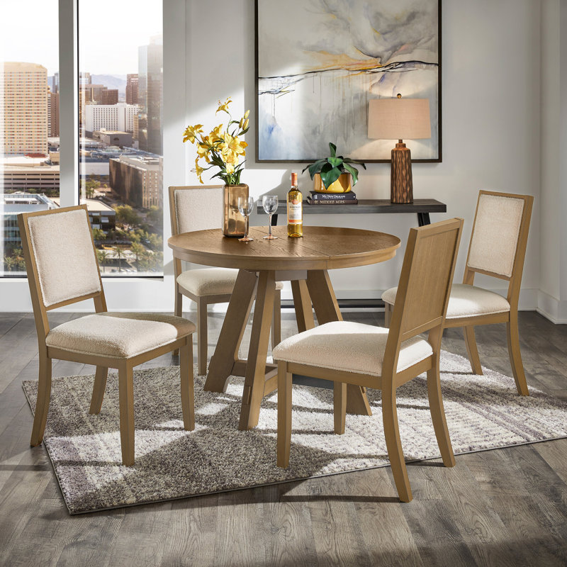 Cipolla 42"-60" Wood Finish Extendable Round Dining Set - 5-Piece, Dining Table And Cream Boucle Fabric Dining Chairs, Oak