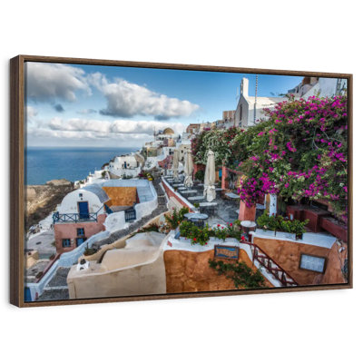 Bougainvillea And Cafes In Oia Santorini