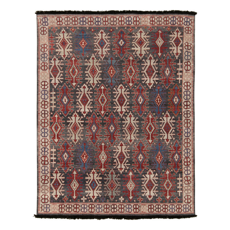 Caucasian Rug In Gray, Red & Blue Geometric Pattern By Rug & Kilim, Rectangle 6' x 8'