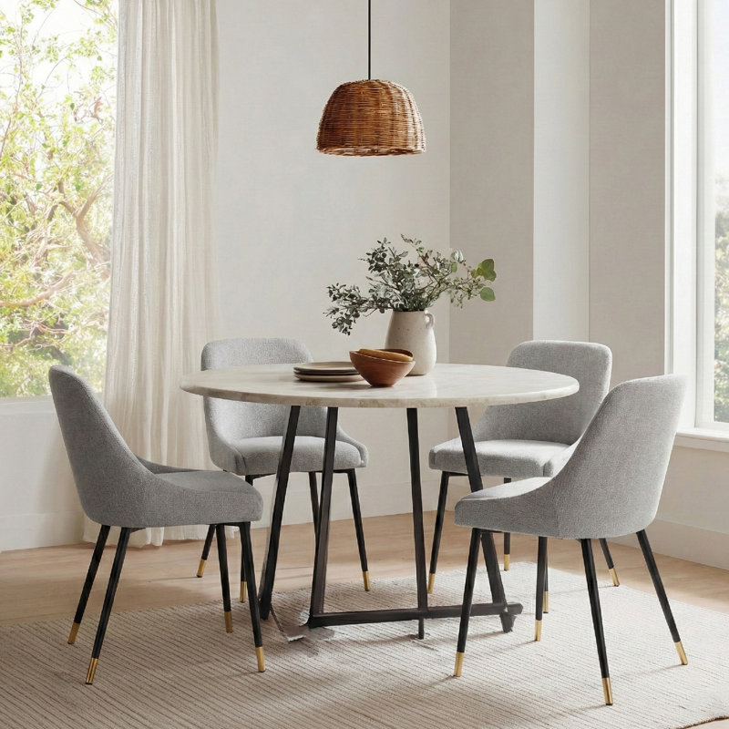 Modern Fabric Upholstered Dining Chairs with Ergonomic Backrest, Golden Metal Legs, Beige