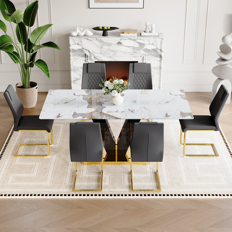 71'' Dining Table Set,Gold Dining Room Table Set With V-Shaped Black Glossy Pillars, 7 Pieces: Table, 6 Chairs, Gray