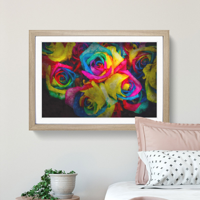 Multi-Coloured Rainbow Roses - Picture Frame Graphic Art Print, 24cm H x 33cm W x 2cm D, Oak Framed