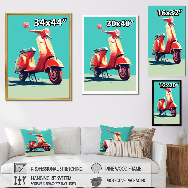 Corail bleu sarcelle scooter présent sur toile, H 20 po x l 12 po x P 1 po, Cadre photo noir