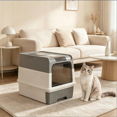 Fully Enclosed Litter Box with Odor Control and Easy Access, Perfect for Compact Spaces and Pet Hygiene.