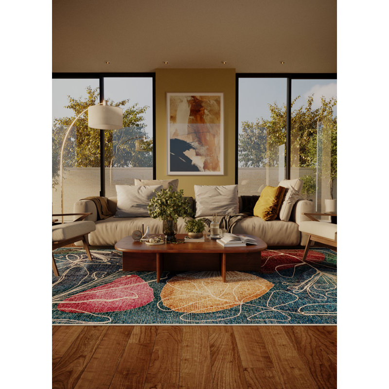 Tapis bleu / vert en chenille / polyester tissé à la main Nakiah, Rond 8 pi