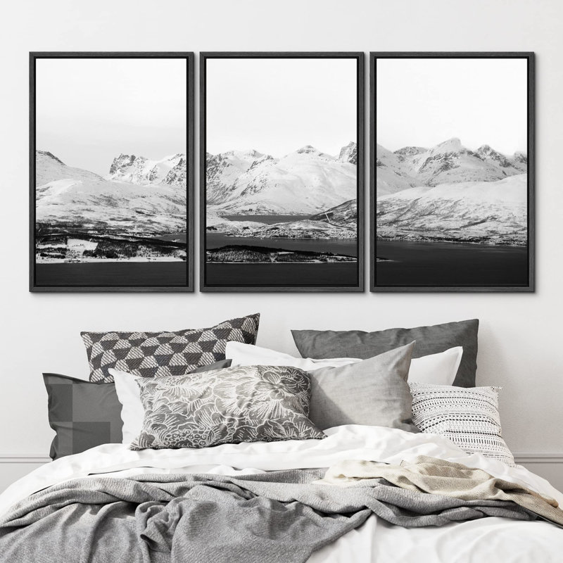 «Snowy Black & White Mountain Range Valley Nature Photographie Modern Art Scenic Chic Living Room» 3 pièces, Noir