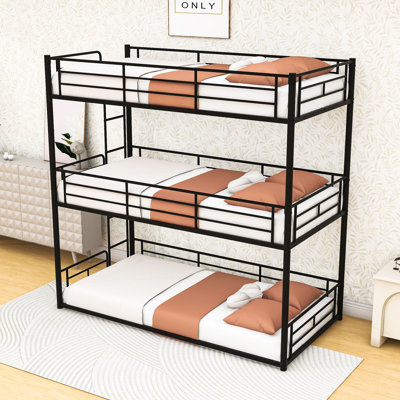 Metal Triple Bunk Bed with Guardrails and Ladder