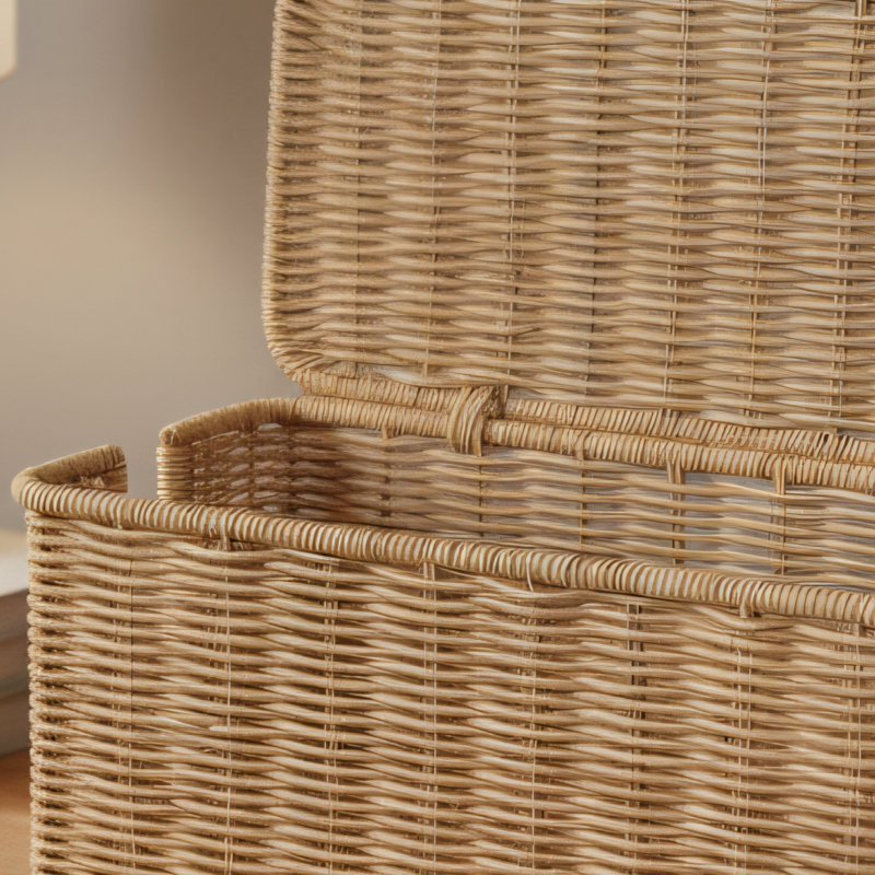 Boîte de rangement en câble en rotin fait à la main de couleur naturelle, 13,2 x 5,2 x 5,2 pouces, conception ouverte pour la gestion des câbles sous le bureau.