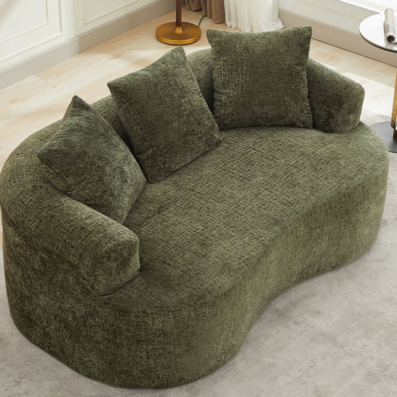 Canapé incurvé en chenille avec 3 coussins, couleur olive, assise profonde idéale pour appartement, mousse à mémoire de forme, sans assemblage, sans animaux, supporte jusqu'à 136 kg, faible capacité de soutien, peu encombrant