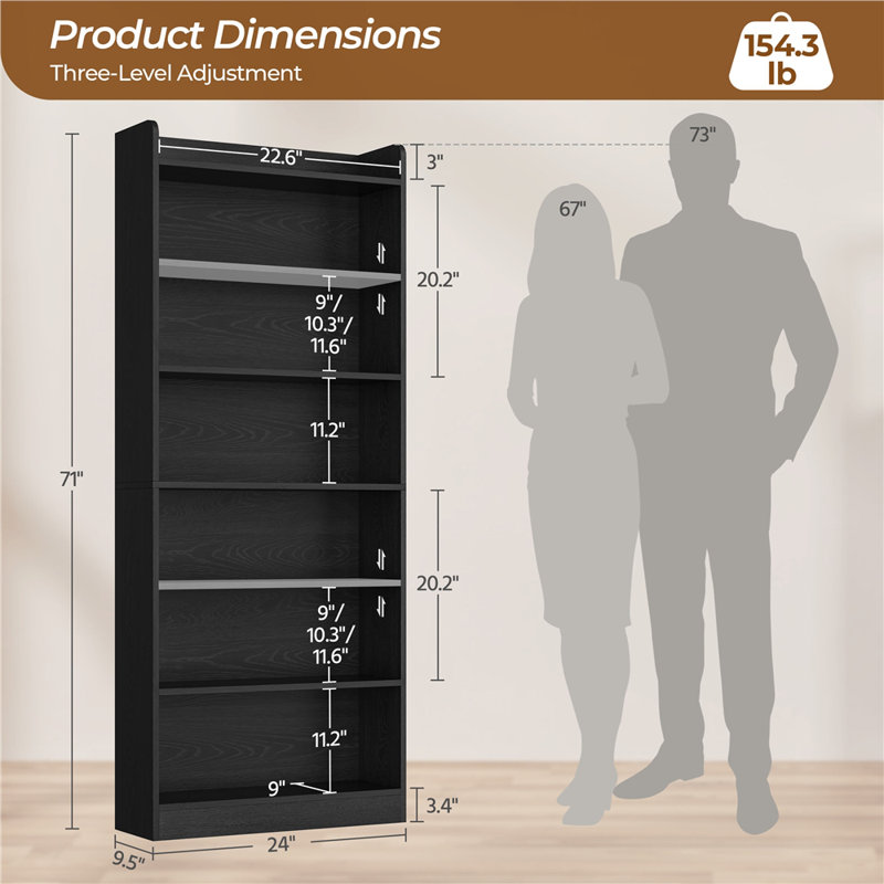 2-Piece 71"H X 24"W 7-Tier Modern Simple  Bookcase with Top Open Compartment, 71" H x 24" W x 9.5" D, Black