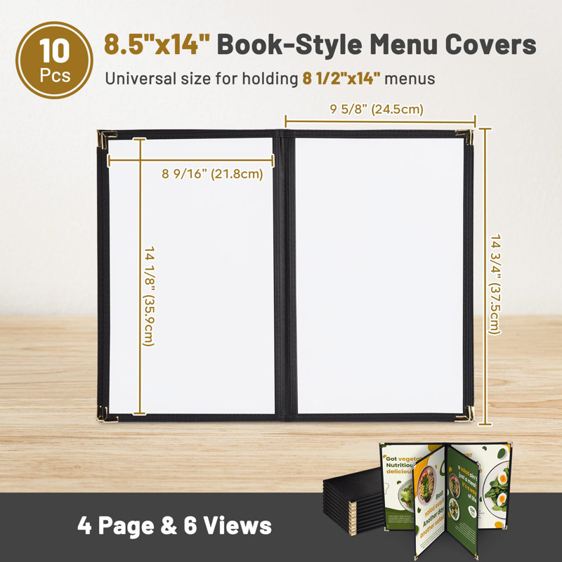 WeChef 10 Pack Restaurant Menu Covers 8.5" x 14" Book Style 4 Pages 6 Views Cafe