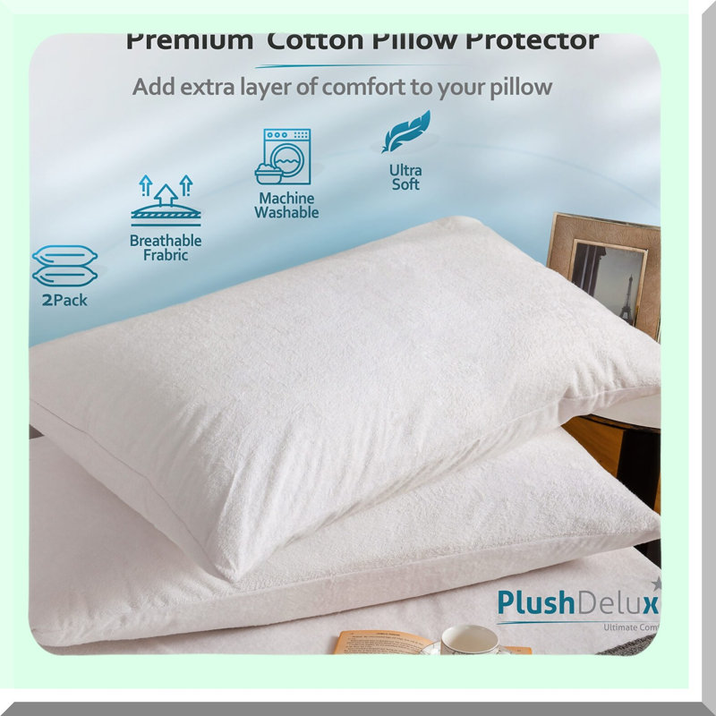 Waterproof Terry Cotton Pillow Guard - Set of 2, 20''x28'' Zippered Protectors for Hypoallergenic, Dust Proof Pillow Cover