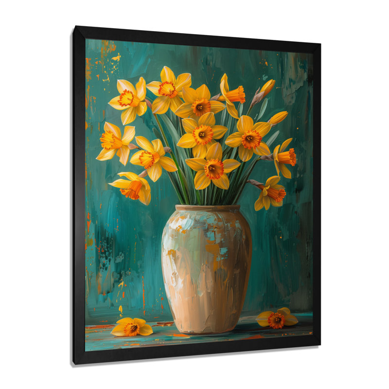 Bloom, orange, nature morte, jonquilles III - jonquilles, art mural, H 12 po x l 20 po, Cadre simple noir