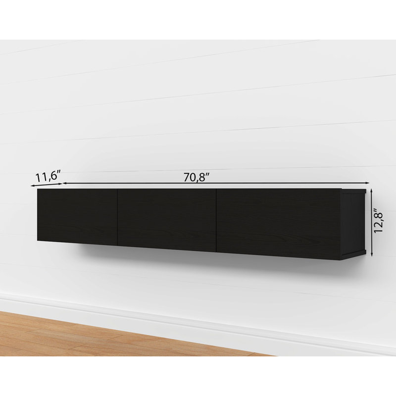 Ozge Modern 71" Floating TV Stand with Storage  Wall-Mounted Media Console for TVs up to 80", Wood Black