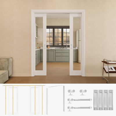 Porte d'armoire coulissante double en verre clair 36 po x 80 po avec quincaillerie argentée et cadre/poignée de porte escamotable blanche