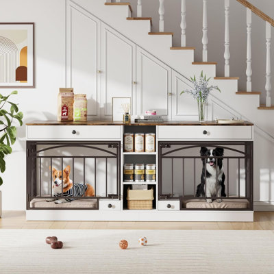 Mobilier de cage pour chien pour 2 chiens, grand chenil d'intérieur avec 2 tiroirs de rangement, 3 tablettes