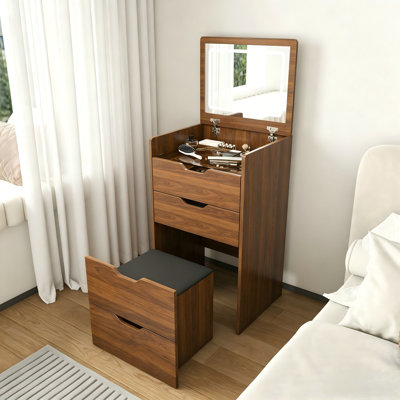 19"L 3-In-1 Vanity Desk With Lighted Mirror And Stool Flip Top Walnut Makeup Dressing Table Compact Storage For Bedroom Bathroom Dressing Room
