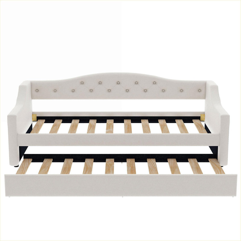 Lit plateforme simple Clean Silhouette, chambre d'amis, petit espace, beige rembourré simple TG avec éclairage DEL et lit gigogne