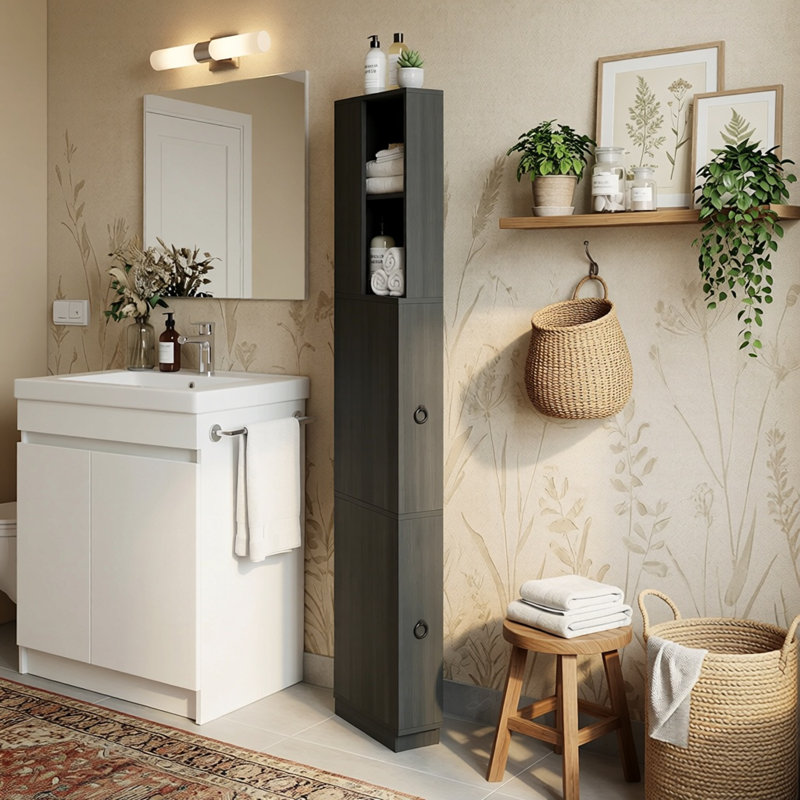 Rangement étroit pour la salle de bain avec tablettes et tiroirs
