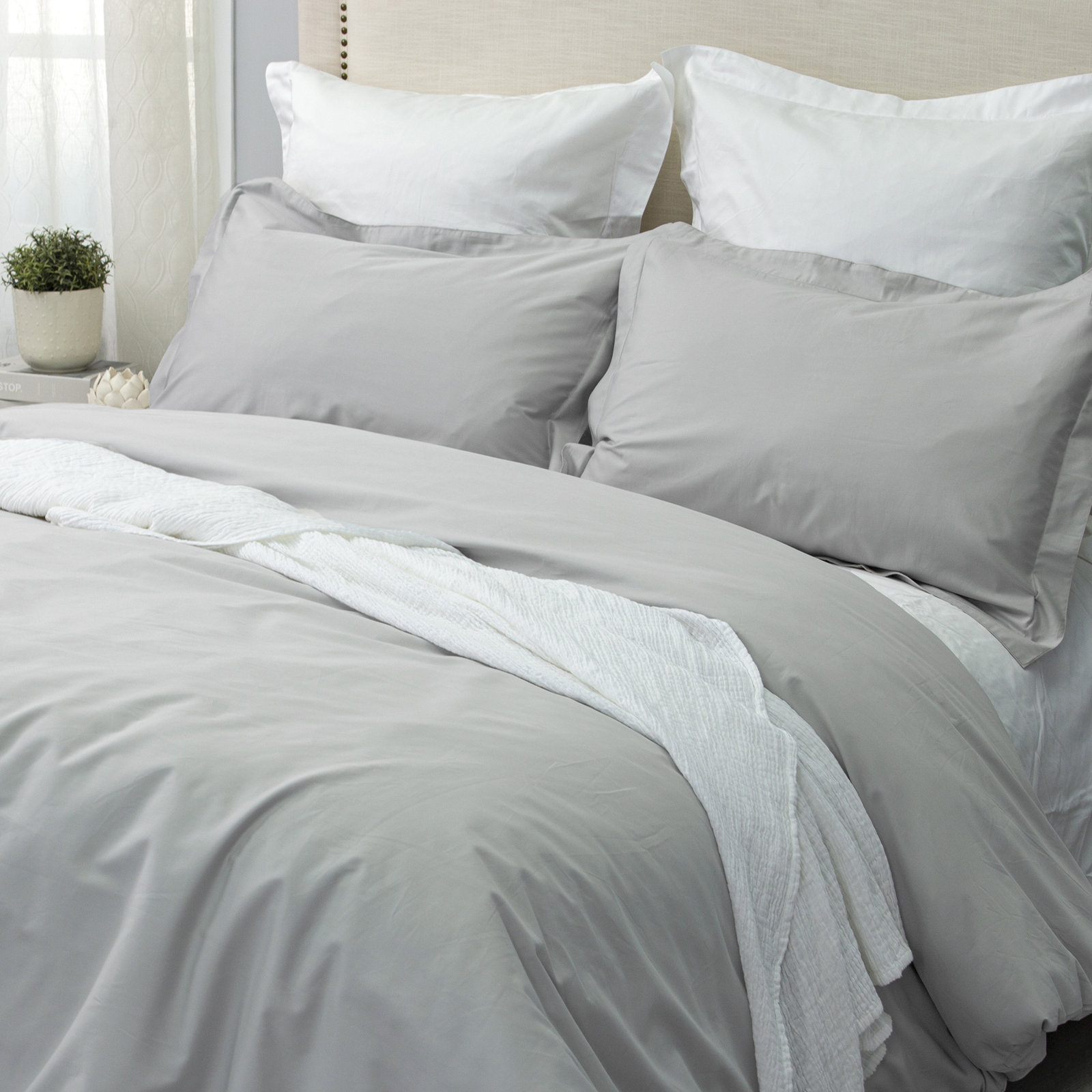 Cotton Sateen Duvet Cover Set, King Duvet Cover + 2 King Shams, Silver Gray