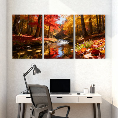 Scenic & Cityscapes Autumn Forest Stream Reflection Leaves Colors Nature Scene Set of 3 Canvas Wall Art Prints