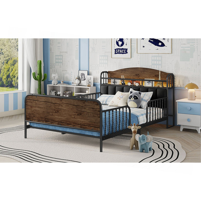 Structure de lit plateforme pleine grandeur en métal avec lumière, lit double en métal pour enfants avec tête de lit tapissier et rangement
