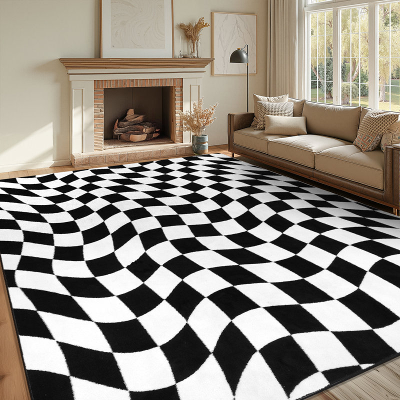 Tapis à carreaux lavable antidérapant Modern, Rectangulaire 8 pi x 10 pi, Noir / blanc