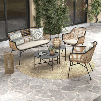 Ensemble de conversation d'extérieur en osier 5 pièces avec coussins et tables basses Olilawn, ensemble de sièges en osier pour l'extérieur intérieur