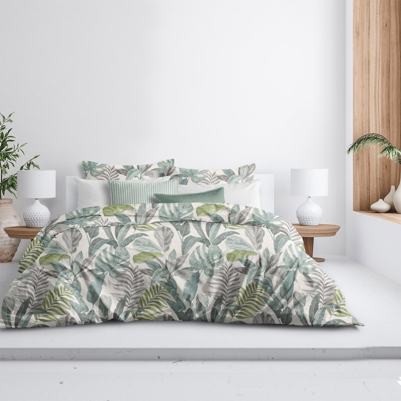 Tropical Palms 2 Piece Duvet Cover Set, Full Duvet Cover + 2 Standard Shams, Green Gray White Floral 2