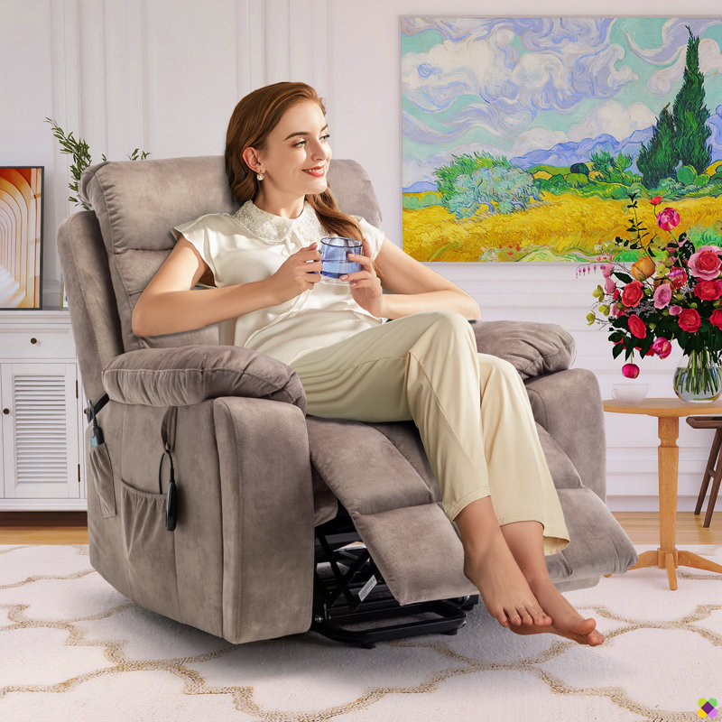 Vayun 40.94"W Oversize Upholsetery Liftable Massage Heater Power Recliner, Cup Holders, Dual Remote, Light Brown