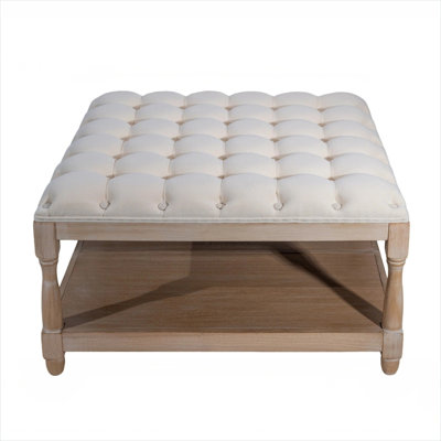 Square Tufted Linen Ottoman Coffee Table with Storage Shelf, 33-Inch, Solid Wood Legs, Soft Beige