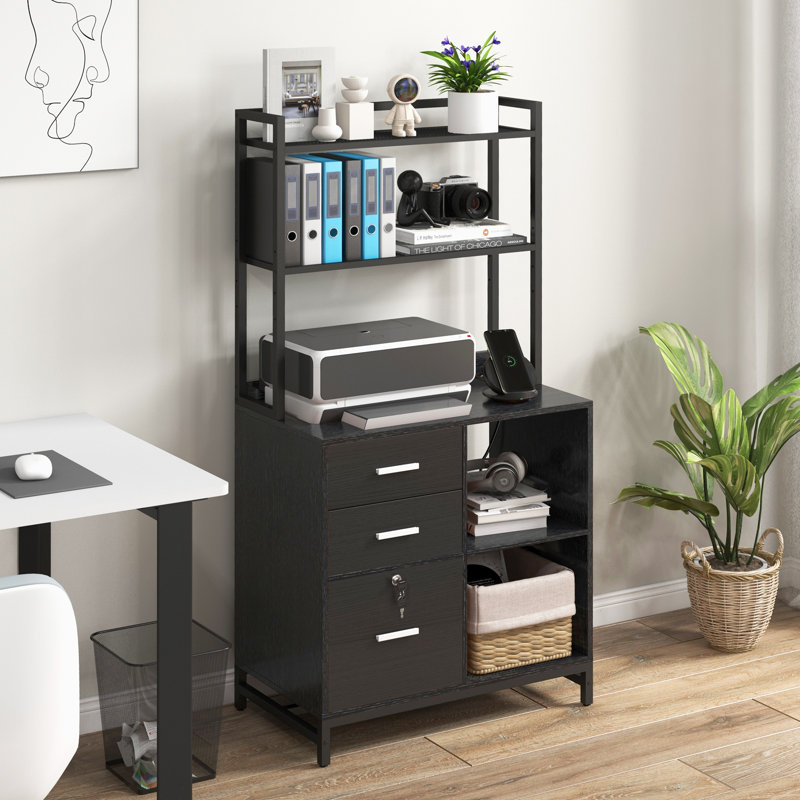 Livofloral 3 Drawer File Cabinet with Charging Station and Bookshelf for Home Office fits Letter/A4, Black