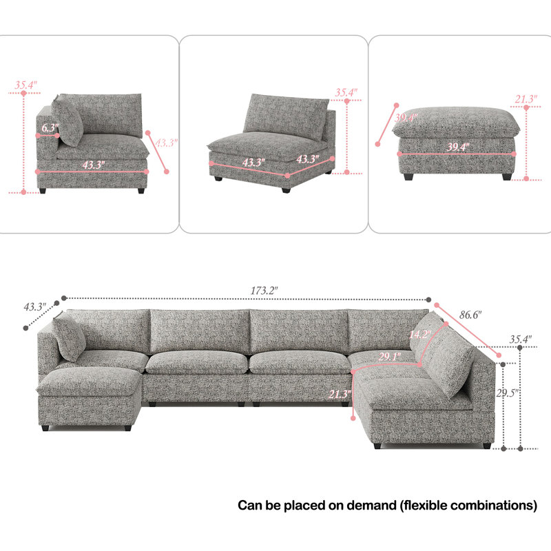 Milard Minimalist Modular Sofa, 35.4" H x 173" W x 86.6" D, 7