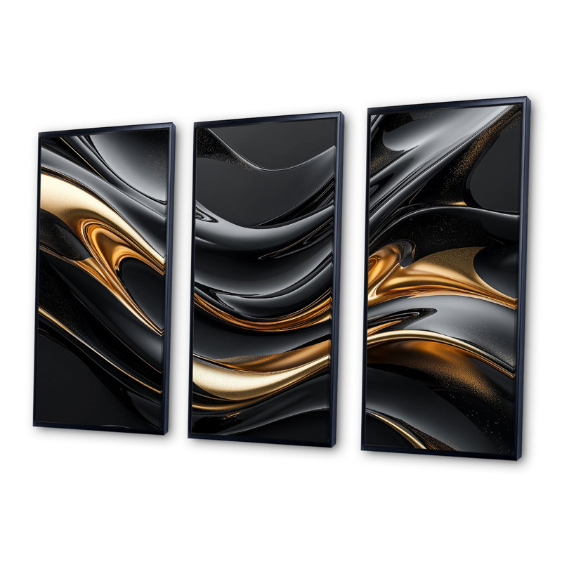 Captivating Gold and Black Marble III - Abstract Modern Waves, ensemble d'art mural, H 28 po x l 36 po x P 1 po