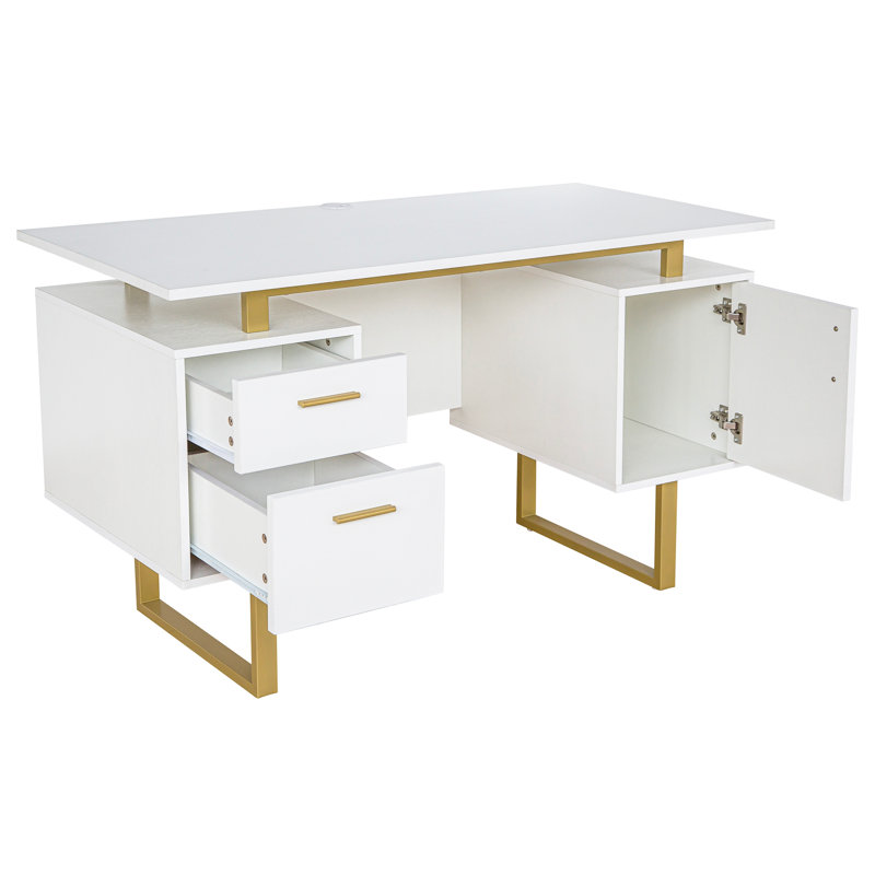 Bureau avec tiroirs et rangement, Blanc