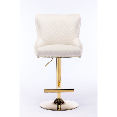 Tabouret de bar en velours beige, hauteur réglable, dossier à motif de losanges, coussin en éponge, anneau de poignée de tête de lion doré exquis, pattes en plaqué or électroplaquées, patin antidérapant élégant, rembourré