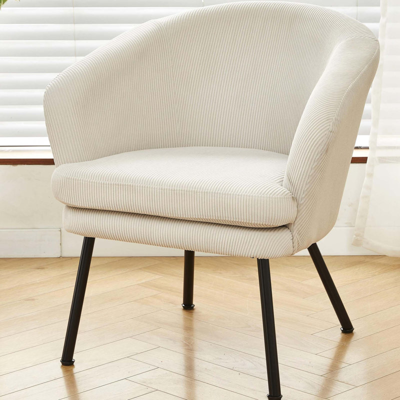 Chaise d'appoint en velours côtelé avec pieds en métal noir, conception moderne en tonneau, Beige