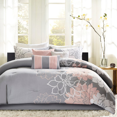 Couette en coton imprimé pour lit simple/simple XL - Jupe de lit grise/pêche et 3 coussins décoratifs chauds à effet froissé brodé -