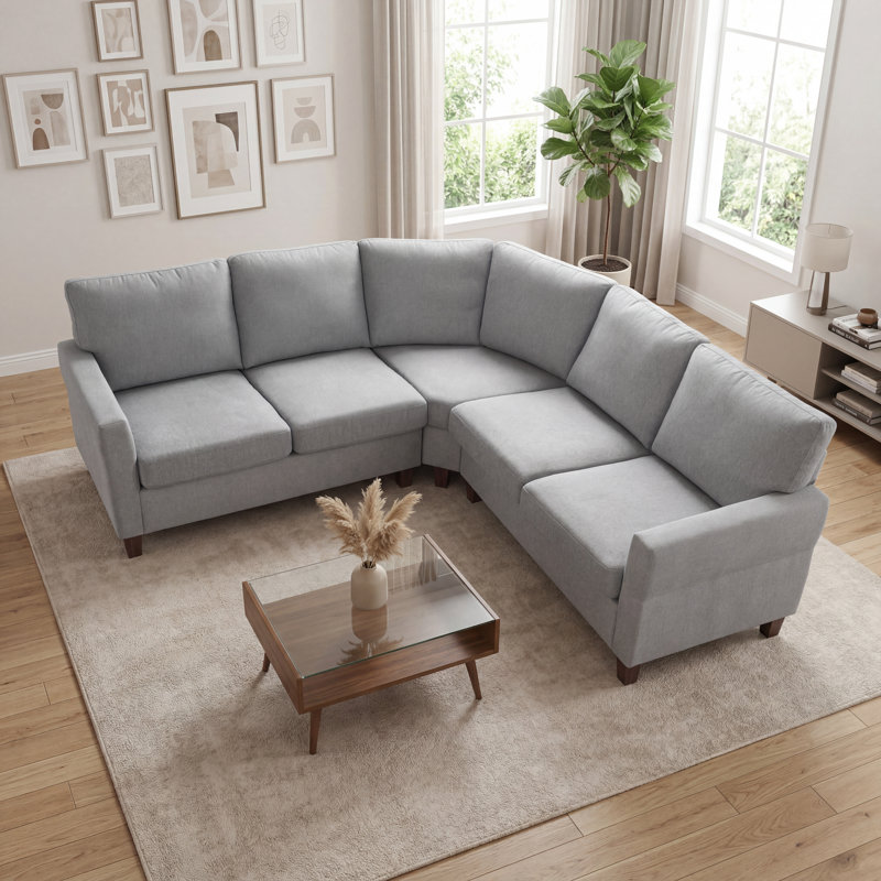 85 In L Shaped Corner Couch, 5 Seat Modular Sectional Sofa For Living Room, Gray Polyester