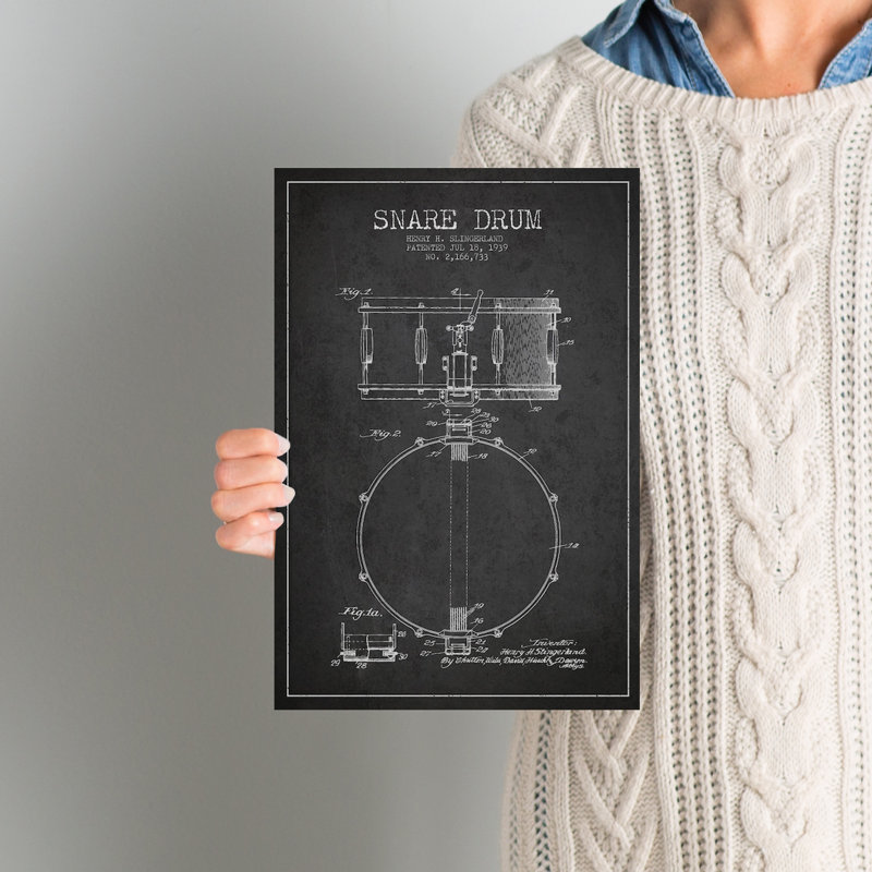 « tambour », affiche rétro sur toile tendue Charcoal Patent Blueprint, H 12 po x l 8 po x P 0,75 po