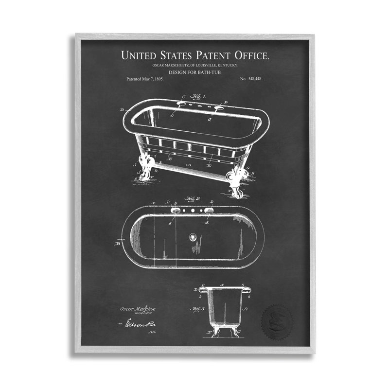 Schéma de brevet de baignoire de salle de bain par Karl Hronek - Impression sur toile, H 14 po x l 11 po x P 1,5 po