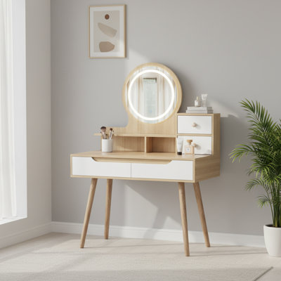 Makeup Vanity Desk With 3 Adjustable Lighted Mirrors, 4 Drawers & 3 Open Shelves, Dressing Table With Solid Wood Legs For Small Bedroom Spaces by George Oliver